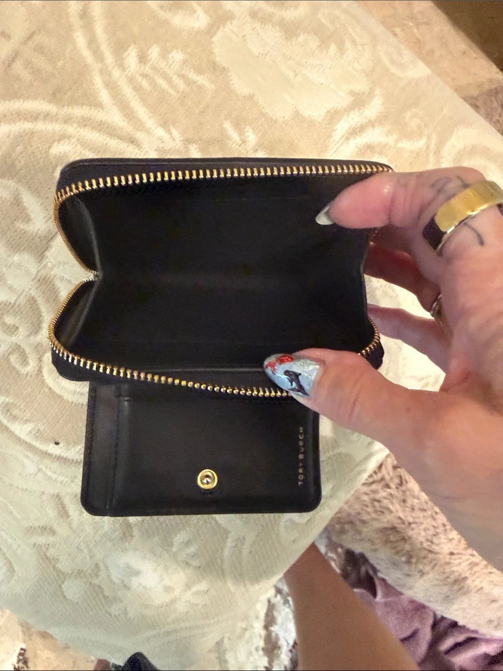 Tory Burch Kira Black Chevron Quilted Leather Bi-fold Wallet Gold Logo